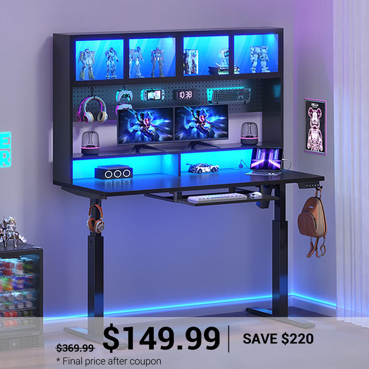 SEDETA 55 Inch Standing Desk Electric Height Adjustable Sit Stand Up Gaming Desk with Led Lights Power Outlet Storage Hutch and Pegboard