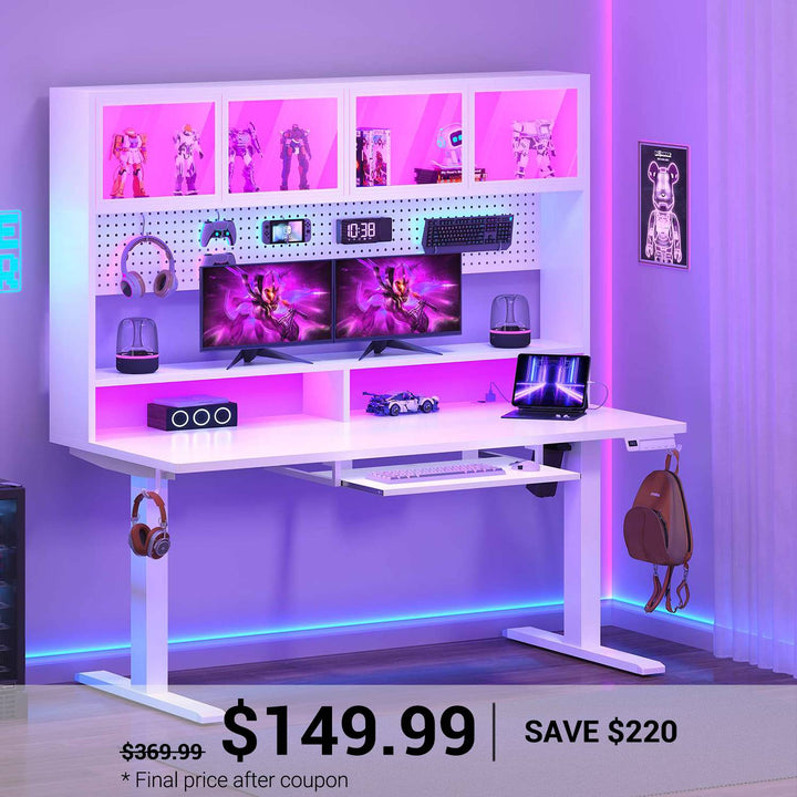 SEDETA 55 Inch Standing Desk Electric Height Adjustable Sit Stand Up Gaming Desk with Led Lights Power Outlet Storage Hutch and Pegboard