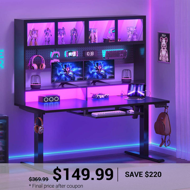 SEDETA 55 Inch Standing Desk Electric Height Adjustable Sit Stand Up Gaming Desk with Led Lights Power Outlet Storage Hutch and Pegboard