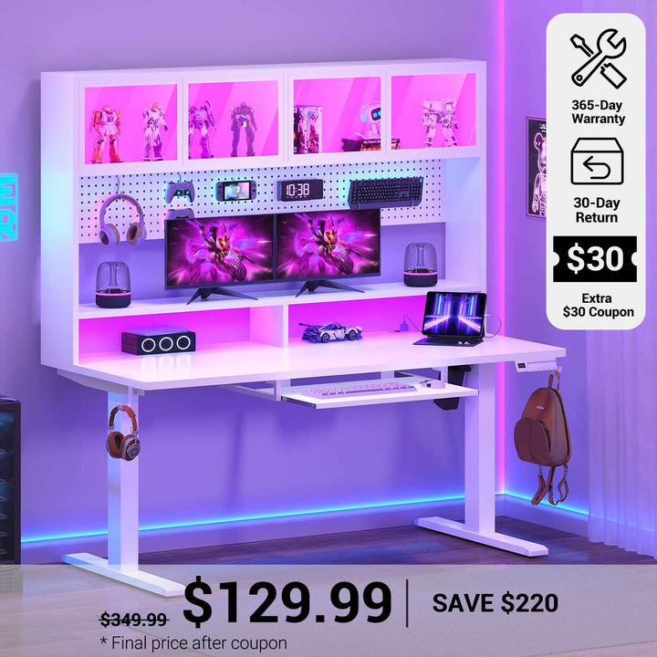 SEDETA® 55 Inch Height Adjustable Standing Desk Sit Stand Up Ergonomic Gaming Desk with Led Lights Power Outlet Pegboard Storage Hutch Monitor Shelf