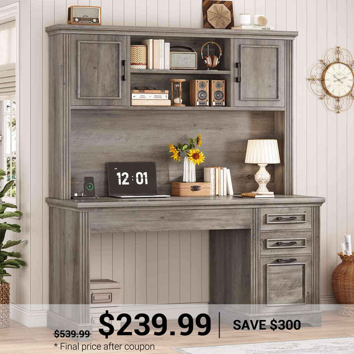 SEDETA® 47.2 Inch Farmhouse Executive Desk Computer Wood Table with Storage Drawers Hutch Cabinet
