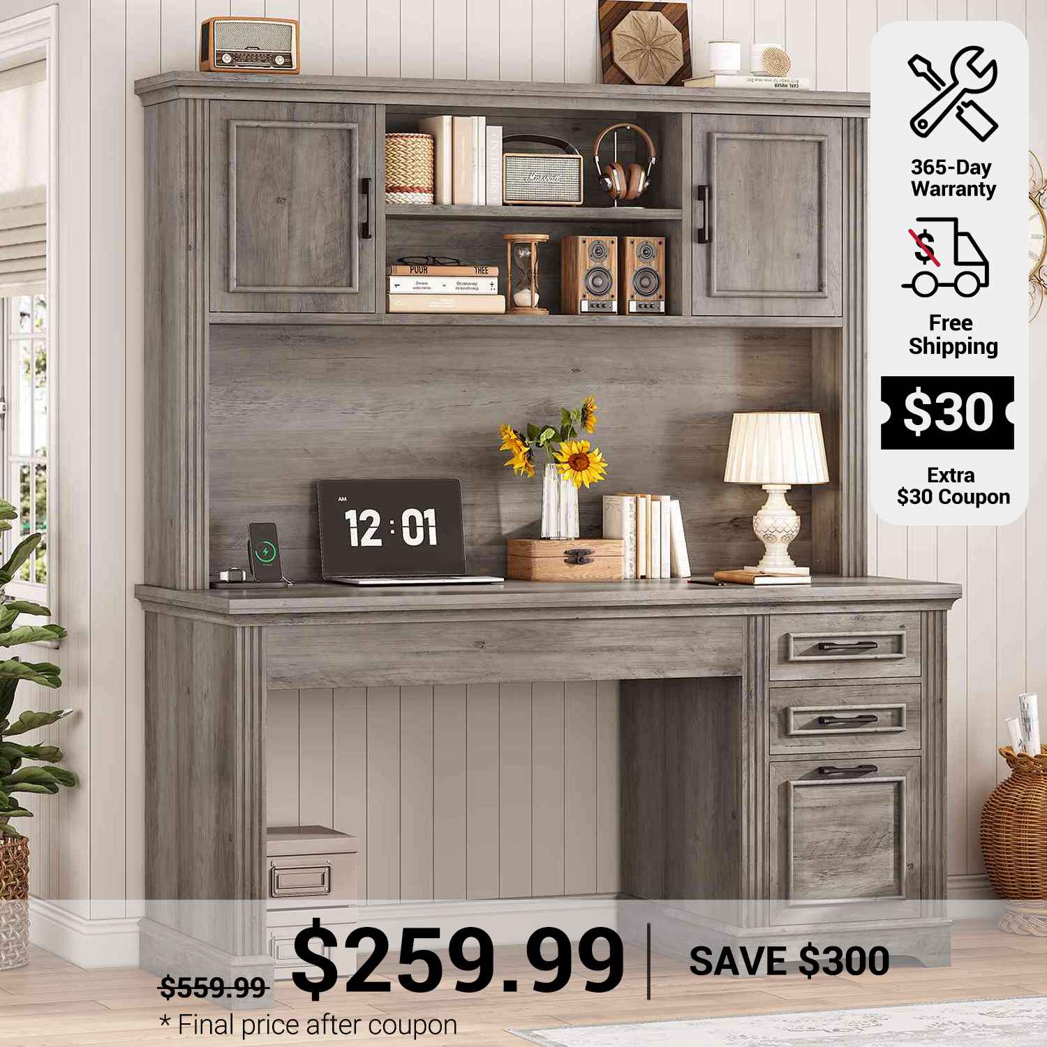 SEDETA 47.2 Inch Executive Desk Farmhouse with Storage Drawers for Hom