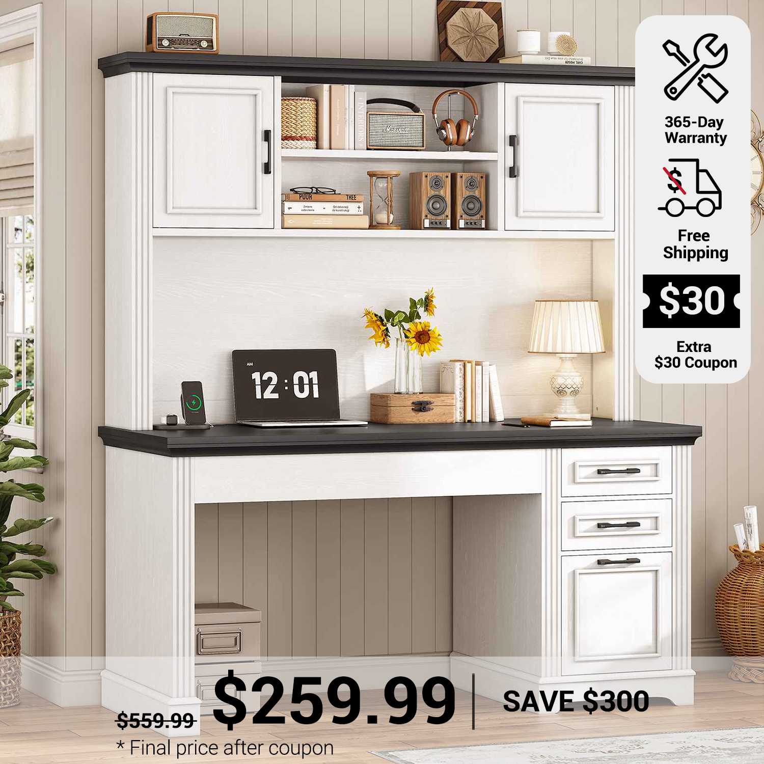 SEDETA 47.2 Inch Executive Desk Farmhouse with Storage Drawers for Hom