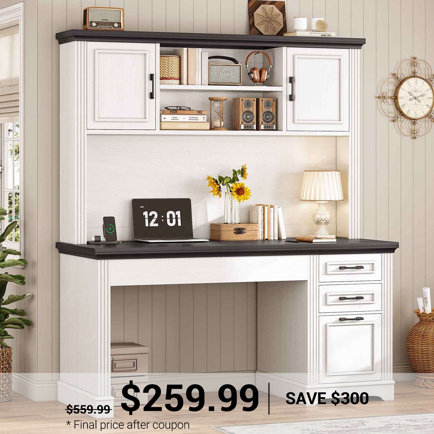 SEDETA 47.2 Inch Executive Desk Farmhouse with Storage Drawers for Hom