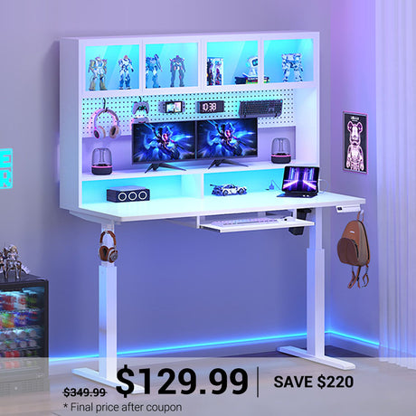 SEDETA | 55 Inch Electric Standing Desk with Led Lights Height Adjustable Gaming Desk with Hutch Pegboard Power Outlet Monitor Shelf