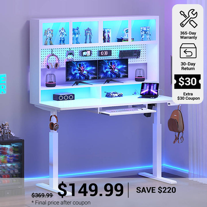 SEDETA 55 Inch Standing Desk Electric Height Adjustable Sit Stand Up Gaming Desk with Led Lights Power Outlet Storage Hutch and Pegboard