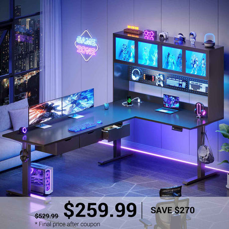 SEDETA 68.9 Inch Electric Standing Desk Height Adjustable L Shaped Gaming Desk Office Computer Desk with Led Lights Storage Drawers Hutch Pegboard