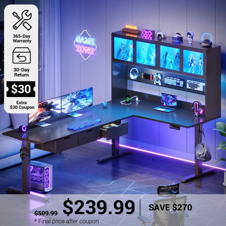 SEDETA® 68.9 Inch Electric Height Adjustable Standing Desk L Shaped Gaming Desk Computer Desk with Storage Hutch Drawers Led Lights