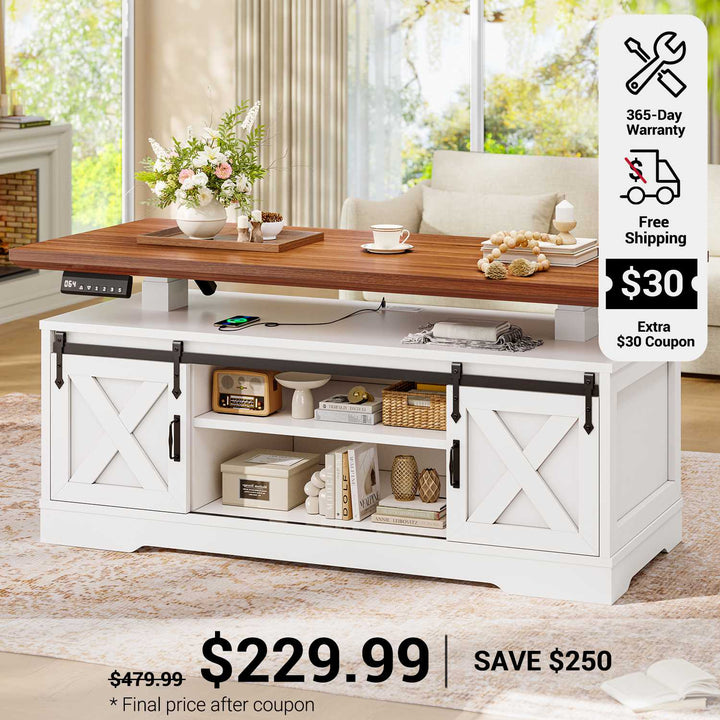 SEDETA 47.2 Inch Farmhouse Lift Top Coffee Table Electric Standing Coffee Desk Height Adjustable with Storage Power Outlet Sliding Barn Door