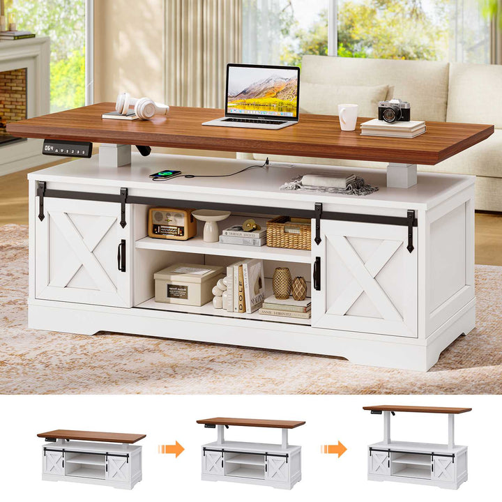 SEDETA 47.2 Inch Farmhouse Lift Top Coffee Table Electric Standing Coffee Desk Height Adjustable with Storage Power Outlet Sliding Barn Door