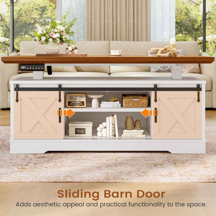 SEDETA 47.2 Inch Farmhouse Lift Top Coffee Table Electric Standing Coffee Desk Height Adjustable with Storage Power Outlet Sliding Barn Door