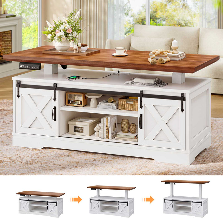 SEDETA 47.2 Inch Farmhouse Lift Top Coffee Table Electric Standing Coffee Desk Height Adjustable with Storage Power Outlet Sliding Barn Door