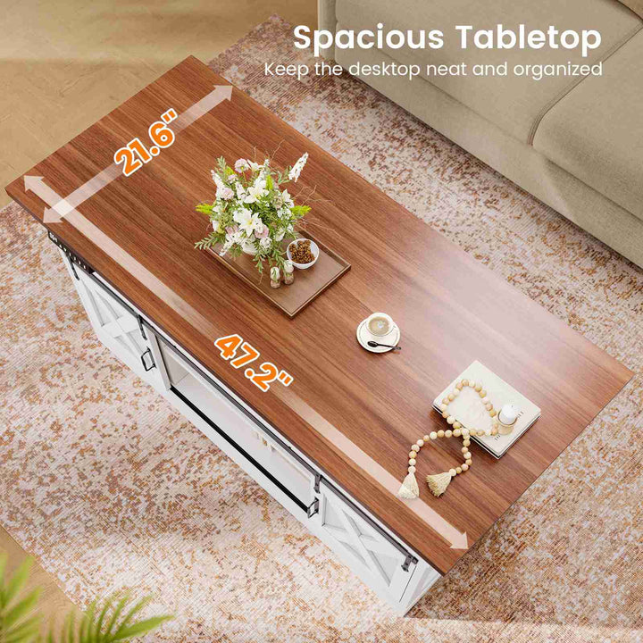 SEDETA 47.2 Inch Farmhouse Lift Top Coffee Table Electric Standing Coffee Desk Height Adjustable with Storage Power Outlet Sliding Barn Door