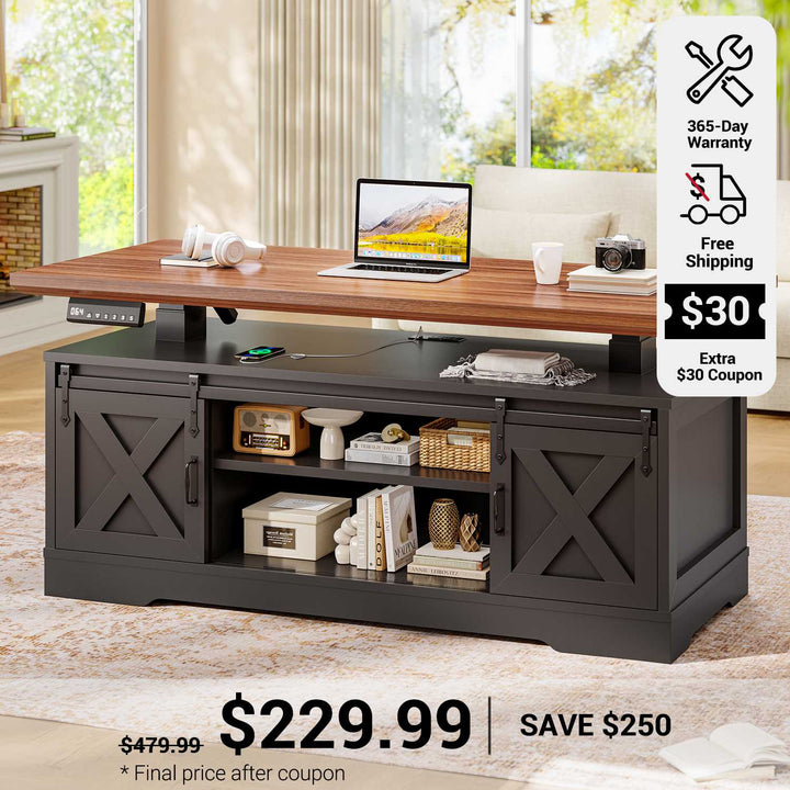 SEDETA 47.2 Inch Farmhouse Lift Top Coffee Table Electric Standing Coffee Desk Height Adjustable with Storage Power Outlet Sliding Barn Door