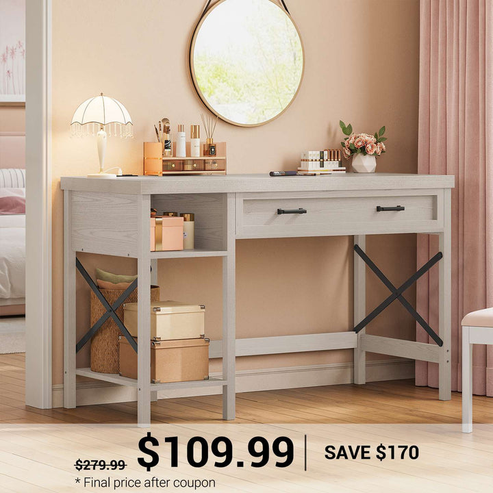 SEDETA | 40 Inch Small Computer Desk Farmhouse Study Table with Drawer Storage Shelves and Power Outlet for Home Office
