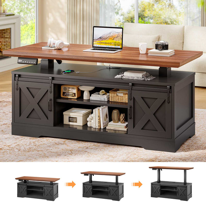 SEDETA 47.2 Inch Farmhouse Lift Top Coffee Table Electric Standing Coffee Desk Height Adjustable with Storage Power Outlet Sliding Barn Door