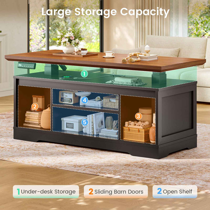 SEDETA 47.2 Inch Farmhouse Lift Top Coffee Table Electric Standing Coffee Desk Height Adjustable with Storage Power Outlet Sliding Barn Door