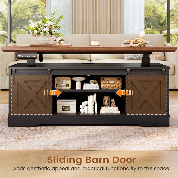 SEDETA 47.2 Inch Farmhouse Lift Top Coffee Table Electric Standing Coffee Desk Height Adjustable with Storage Power Outlet Sliding Barn Door