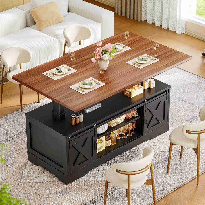 SEDETA 47.2 Inch Farmhouse Lift Top Coffee Table Electric Standing Coffee Desk Height Adjustable with Storage Power Outlet Sliding Barn Door