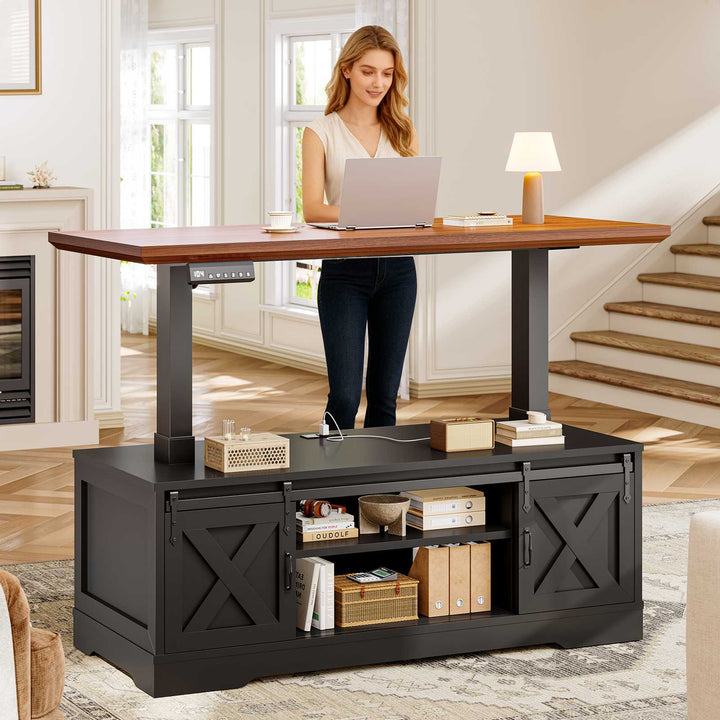 SEDETA 47.2 Inch Farmhouse Lift Top Coffee Table Electric Standing Coffee Desk Height Adjustable with Storage Power Outlet Sliding Barn Door