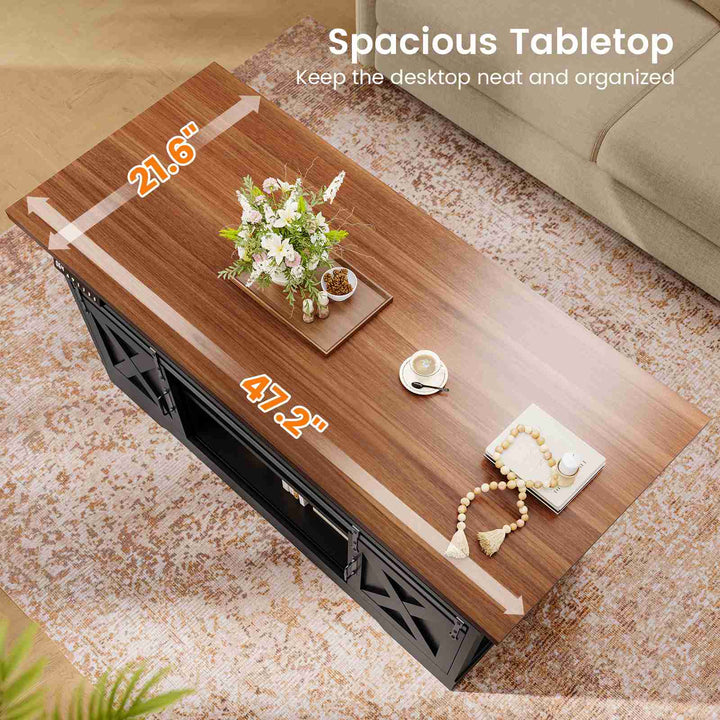 SEDETA 47.2 Inch Farmhouse Lift Top Coffee Table Electric Standing Coffee Desk Height Adjustable with Storage Power Outlet Sliding Barn Door