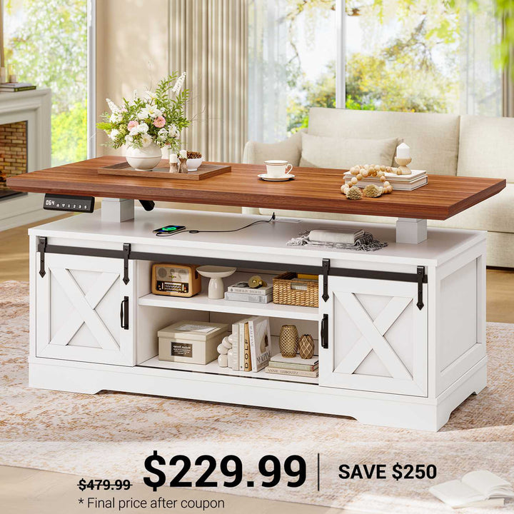 SEDETA 47.2 Inch Farmhouse Lift Top Coffee Table Electric Standing Coffee Desk Height Adjustable with Storage Power Outlet Sliding Barn Door