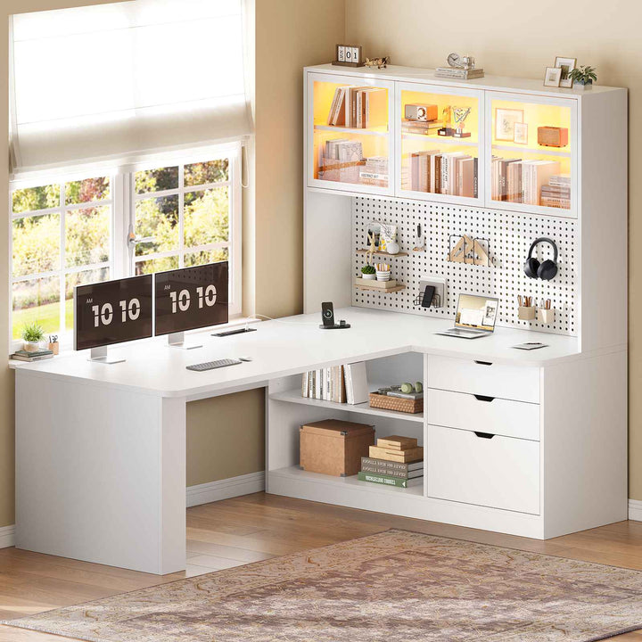 SEDETA® 67 Inch Corner Computer Desk L Shaped Gaming Desk with LED Light 3 Wood Drawer Large Bookshelf Display Cabinet Pegboard