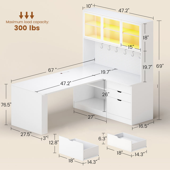 SEDETA® 67 Inch Corner Computer Desk L Shaped Gaming Desk with LED Light 3 Wood Drawer Large Bookshelf Display Cabinet Pegboard