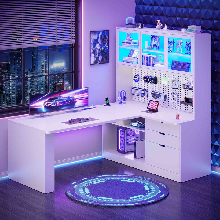SEDETA® 67 Inch Corner Computer Desk L Shaped Gaming Desk with LED Light 3 Wood Drawer Large Bookshelf Display Cabinet Pegboard