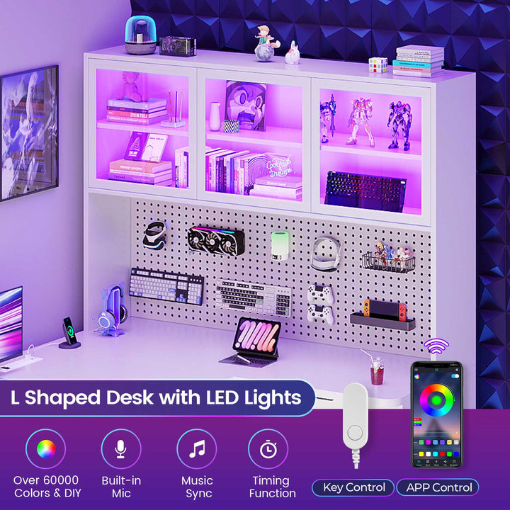 SEDETA® 67 Inch Corner Computer Desk L Shaped Gaming Desk with LED Light 3 Wood Drawer Large Bookshelf Display Cabinet Pegboard