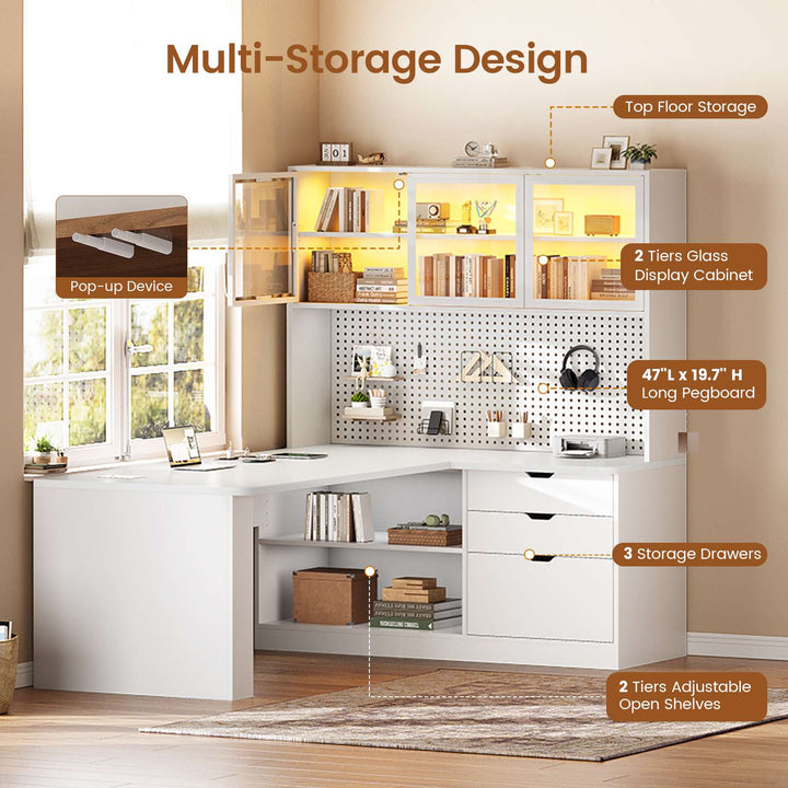 SEDETA® 67 Inch Corner Computer Desk L Shaped Gaming Desk with LED Light 3 Wood Drawer Large Bookshelf Display Cabinet Pegboard