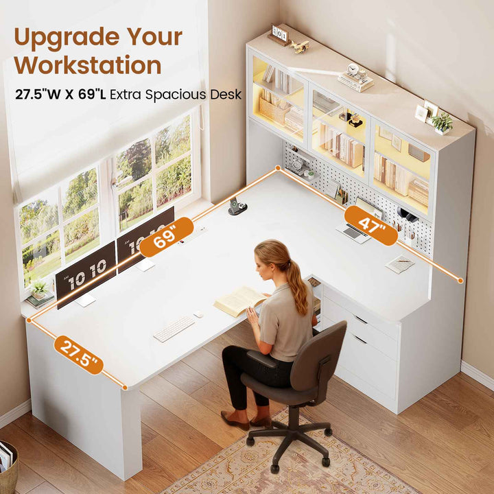 SEDETA® 67 Inch Corner Computer Desk L Shaped Gaming Desk with LED Light 3 Wood Drawer Large Bookshelf Display Cabinet Pegboard