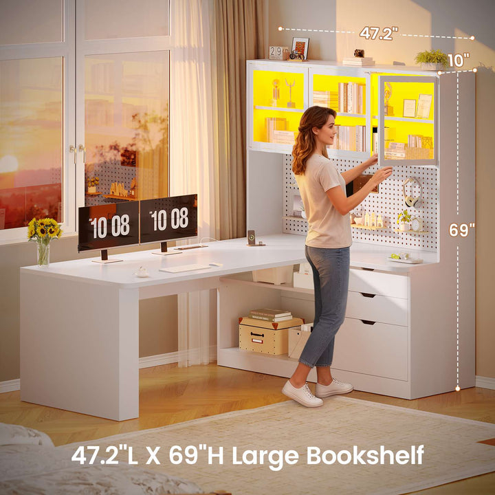 SEDETA® 67 Inch Corner Computer Desk L Shaped Gaming Desk with LED Light 3 Wood Drawer Large Bookshelf Display Cabinet Pegboard