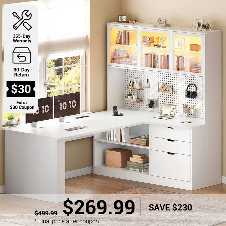 SEDETA® 67 Inch Corner Computer Desk L Shaped Gaming Desk with LED Light 3 Wood Drawer Large Bookshelf Display Cabinet Pegboard