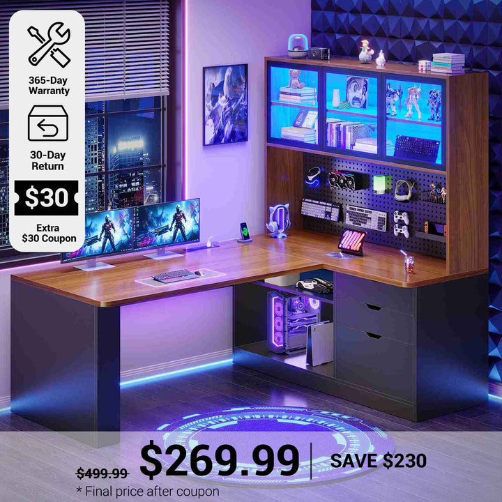 SEDETA® 67 Inch Corner Computer Desk L Shaped Gaming Desk with LED Light 3 Wood Drawer Large Bookshelf Display Cabinet Pegboard