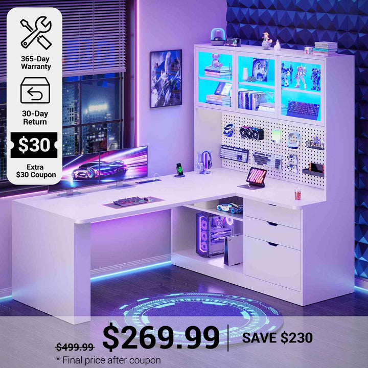 SEDETA® 67 Inch Corner Computer Desk L Shaped Gaming Desk with LED Light 3 Wood Drawer Large Bookshelf Display Cabinet Pegboard