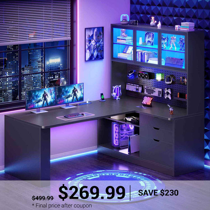 SEDETA® 67 Inch Corner Computer Desk L Shaped Gaming Desk with LED Light 3 Wood Drawer Large Bookshelf Display Cabinet Pegboard