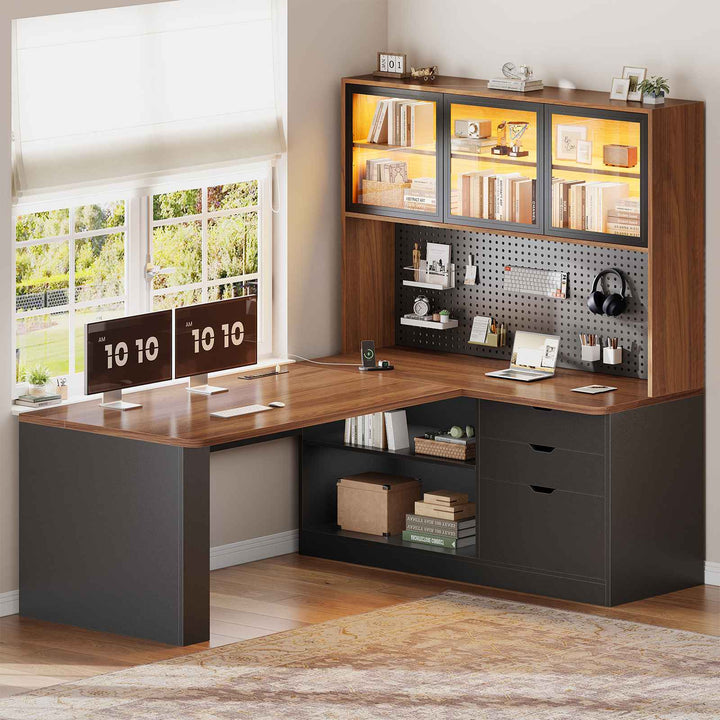 SEDETA® 67 Inch Corner Computer Desk L Shaped Gaming Desk with LED Light 3 Wood Drawer Large Bookshelf Display Cabinet Pegboard