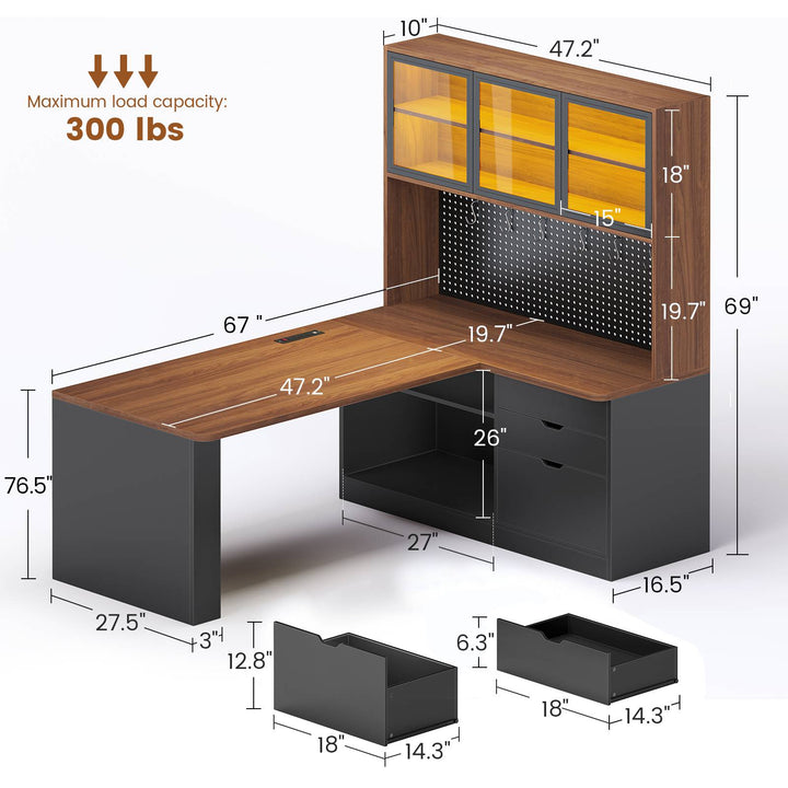 SEDETA® 67 Inch Corner Computer Desk L Shaped Gaming Desk with LED Light 3 Wood Drawer Large Bookshelf Display Cabinet Pegboard
