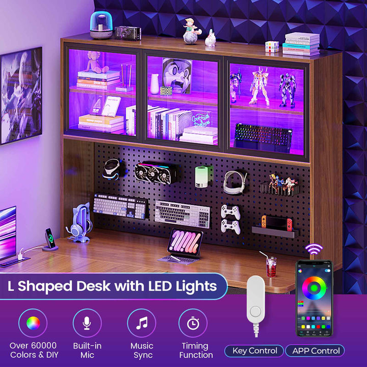 SEDETA® 67 Inch Corner Computer Desk L Shaped Gaming Desk with LED Light 3 Wood Drawer Large Bookshelf Display Cabinet Pegboard