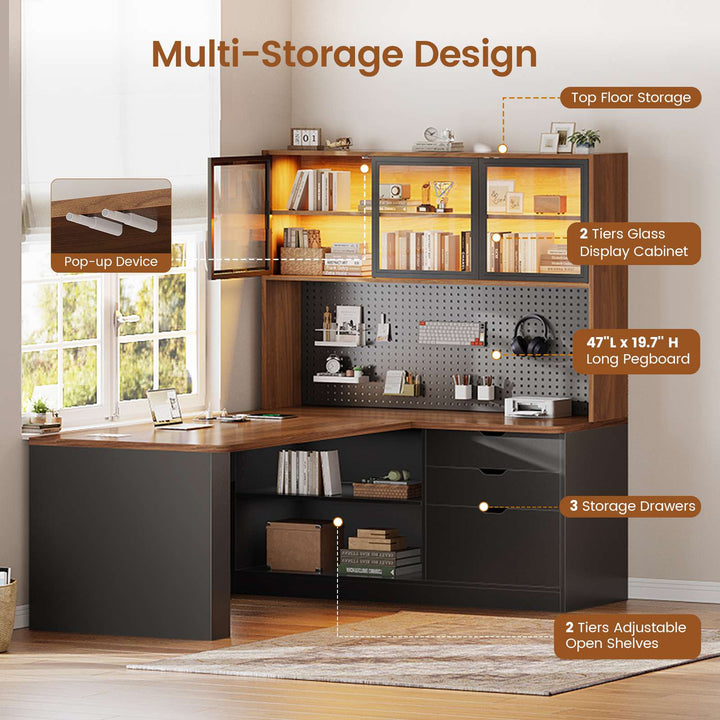 SEDETA® 67 Inch Corner Computer Desk L Shaped Gaming Desk with LED Light 3 Wood Drawer Large Bookshelf Display Cabinet Pegboard