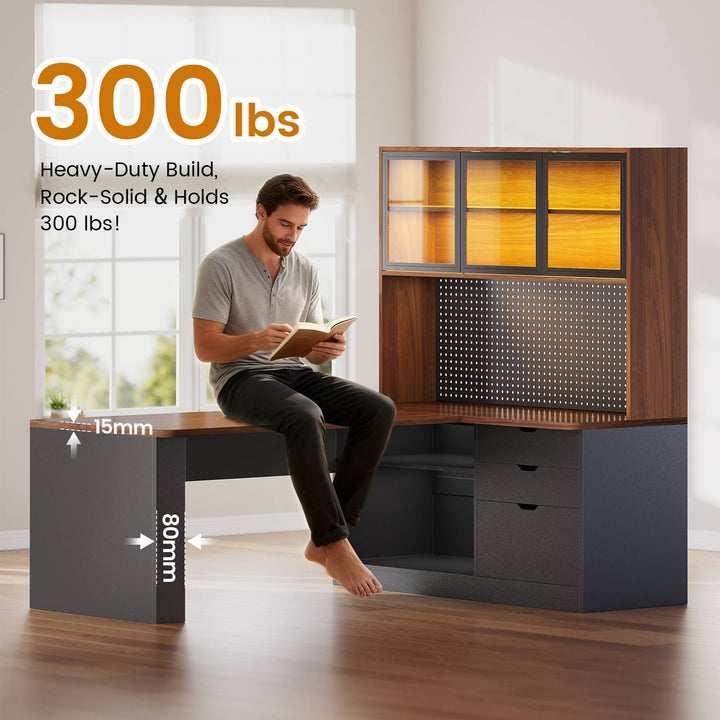 SEDETA® 67 Inch Corner Computer Desk L Shaped Gaming Desk with LED Light 3 Wood Drawer Large Bookshelf Display Cabinet Pegboard