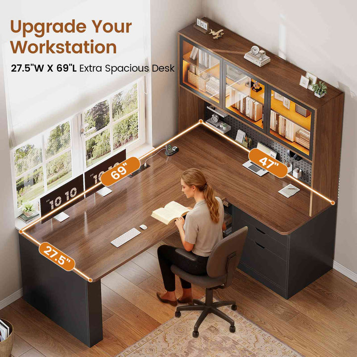 SEDETA® 67 Inch Corner Computer Desk L Shaped Gaming Desk with LED Light 3 Wood Drawer Large Bookshelf Display Cabinet Pegboard