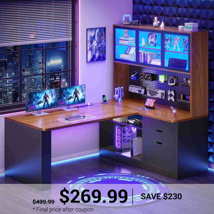 SEDETA® 67 Inch Corner Computer Desk L Shaped Gaming Desk with LED Light 3 Wood Drawer Large Bookshelf Display Cabinet Pegboard