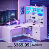 SEDETA | 67 Inch L Shaped Computer Desk Corner Gaming Desk with LED Light Display Cabinet 3 Wood Drawer Large Bookshelf and Pegboard