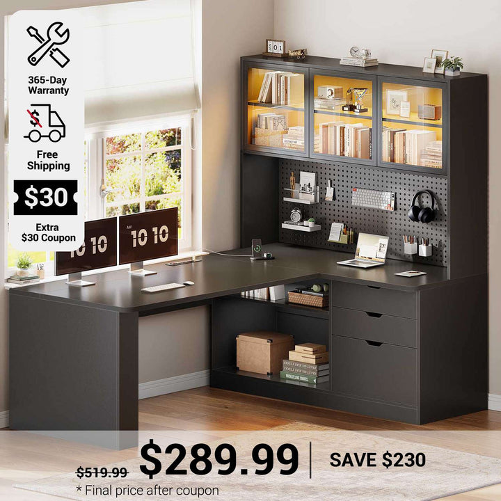 SEDETA 67 Inch L Shaped Computer Desk Corner Gaming Desk with LED Light 3 Wood Drawer Large Bookshelf Display Cabinet Pegboard