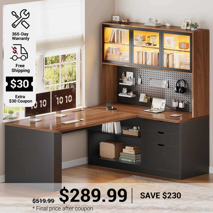 SEDETA 67 Inch L Shaped Computer Desk Corner Gaming Desk with LED Light 3 Wood Drawer Large Bookshelf Display Cabinet Pegboard