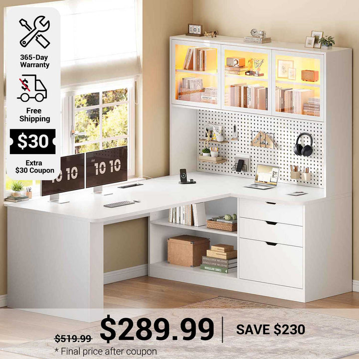 SEDETA 67 Inch L Shaped Computer Desk Corner Gaming Desk with LED Light 3 Wood Drawer Large Bookshelf Display Cabinet Pegboard