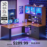 SEDETA 67 Inch L Shaped Computer Desk Corner Gaming Desk with LED Light 3 Wood Drawer Large Bookshelf Display Cabinet Pegboard