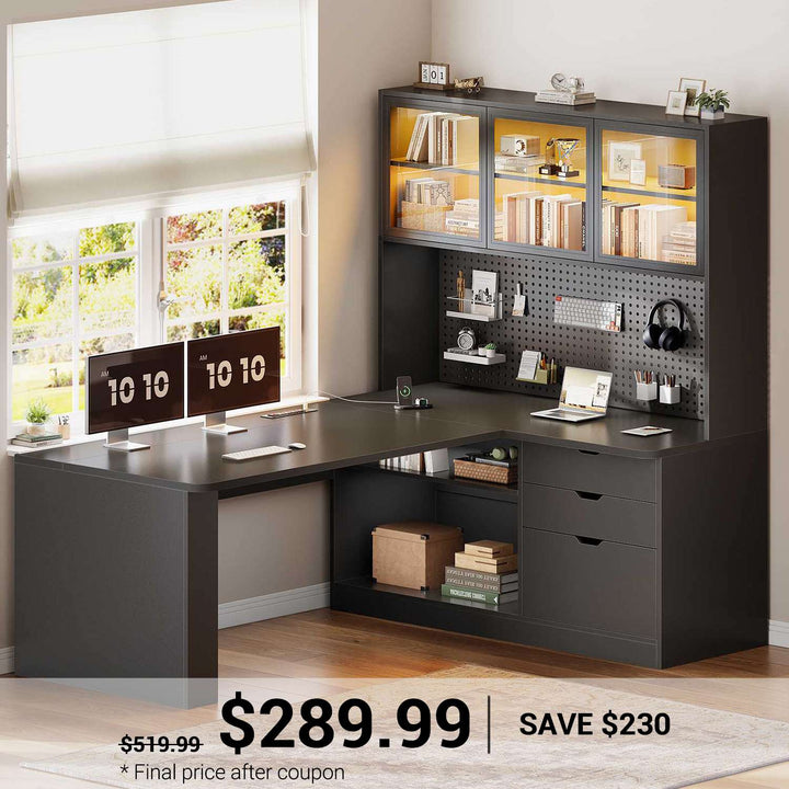 SEDETA 67 Inch L Shaped Computer Desk Corner Gaming Desk with LED Light 3 Wood Drawer Large Bookshelf Display Cabinet Pegboard